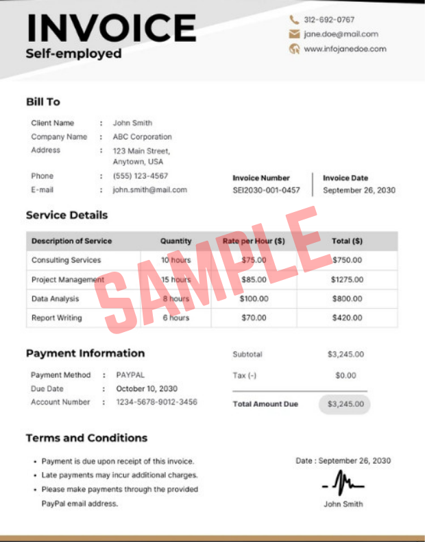 Self Employed Work Invoice Template