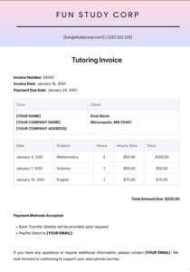 Invoice Template For Tutoring Services Free